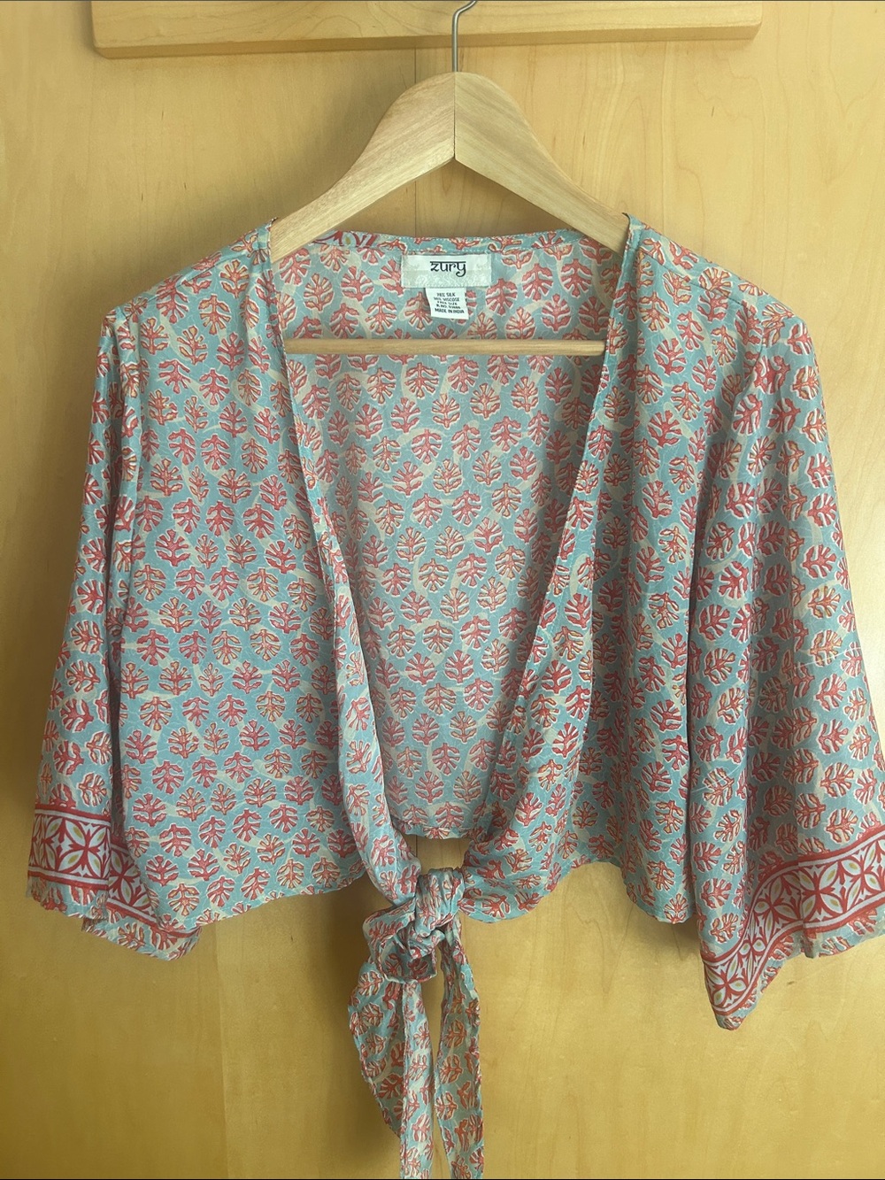 Zury Coral & light teal silk Tie-Front Crop kimono style top